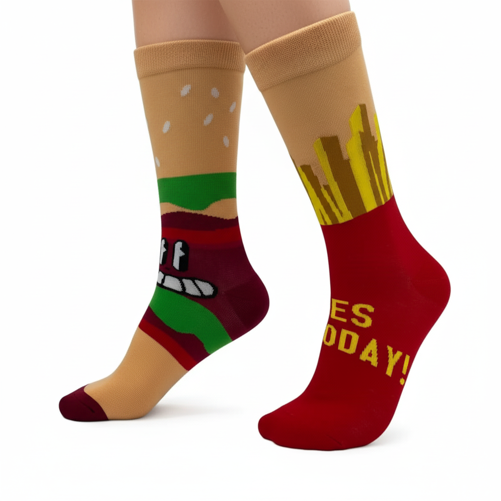 Close-up of feet wearing burger and fries socks