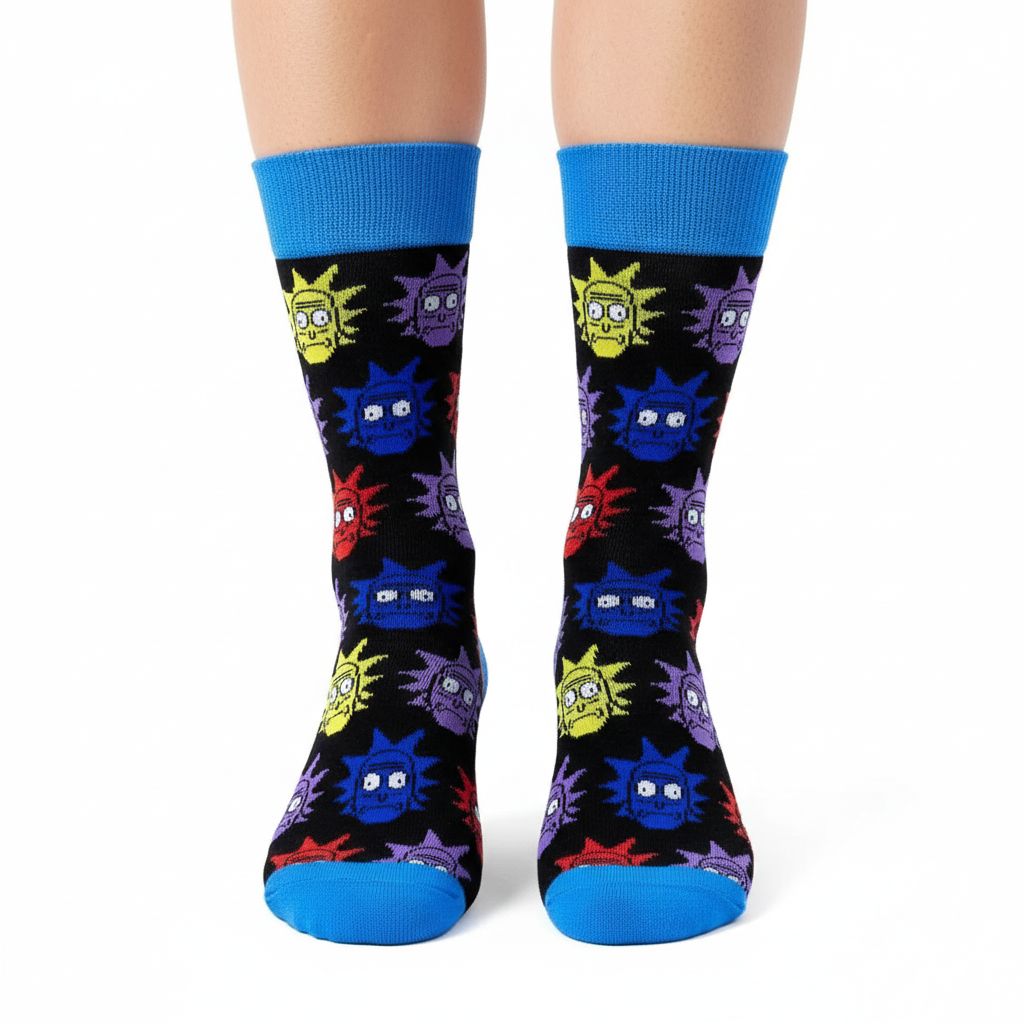 Close-up of feet wearing Rick and Morty socks on white background