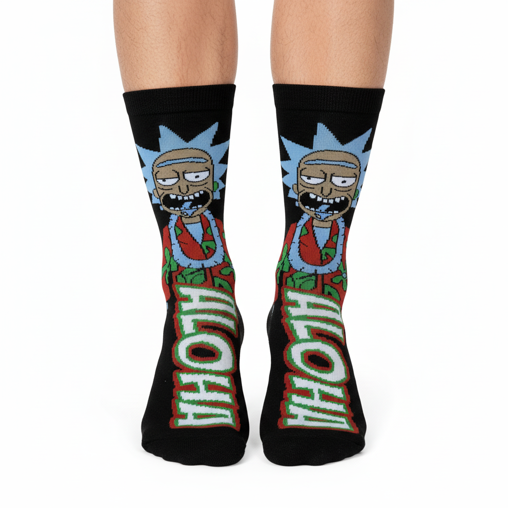 Close-up of male feet wearing Aloha Rick socks