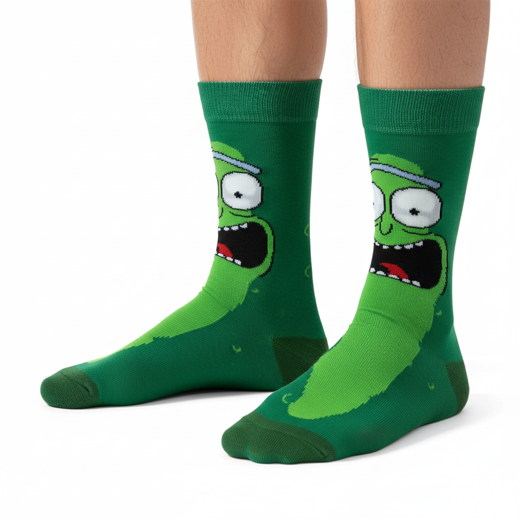 Close-up of male feet wearing Pickle Rick socks
