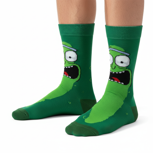 Close-up of male feet wearing Pickle Rick socks