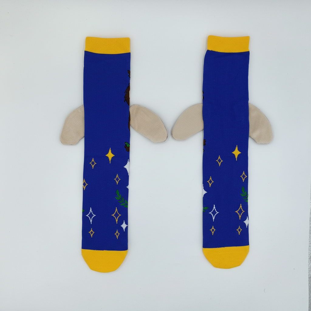 Exact replica of owl socks on pure white studio background