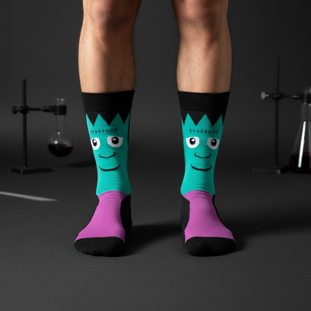 Turquoise Frankenstein face crew socks with black hair and purple accents