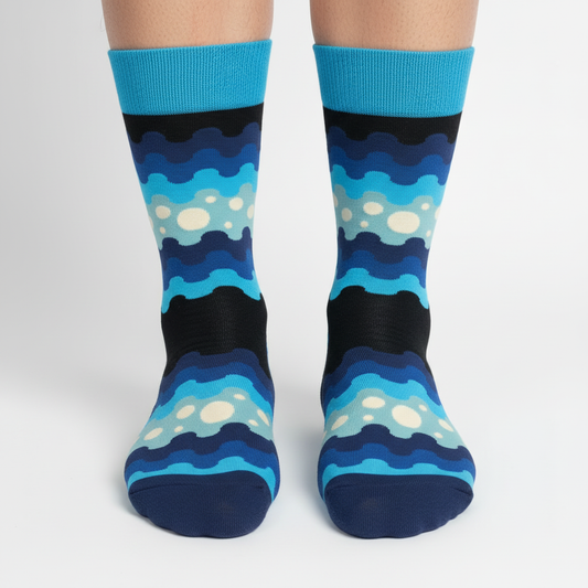 Front-facing photo with both feet having dark navy blue toes