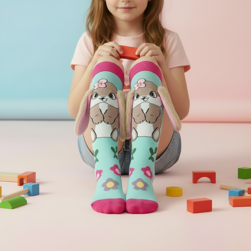 Girl sitting with only front of bunny socks visible