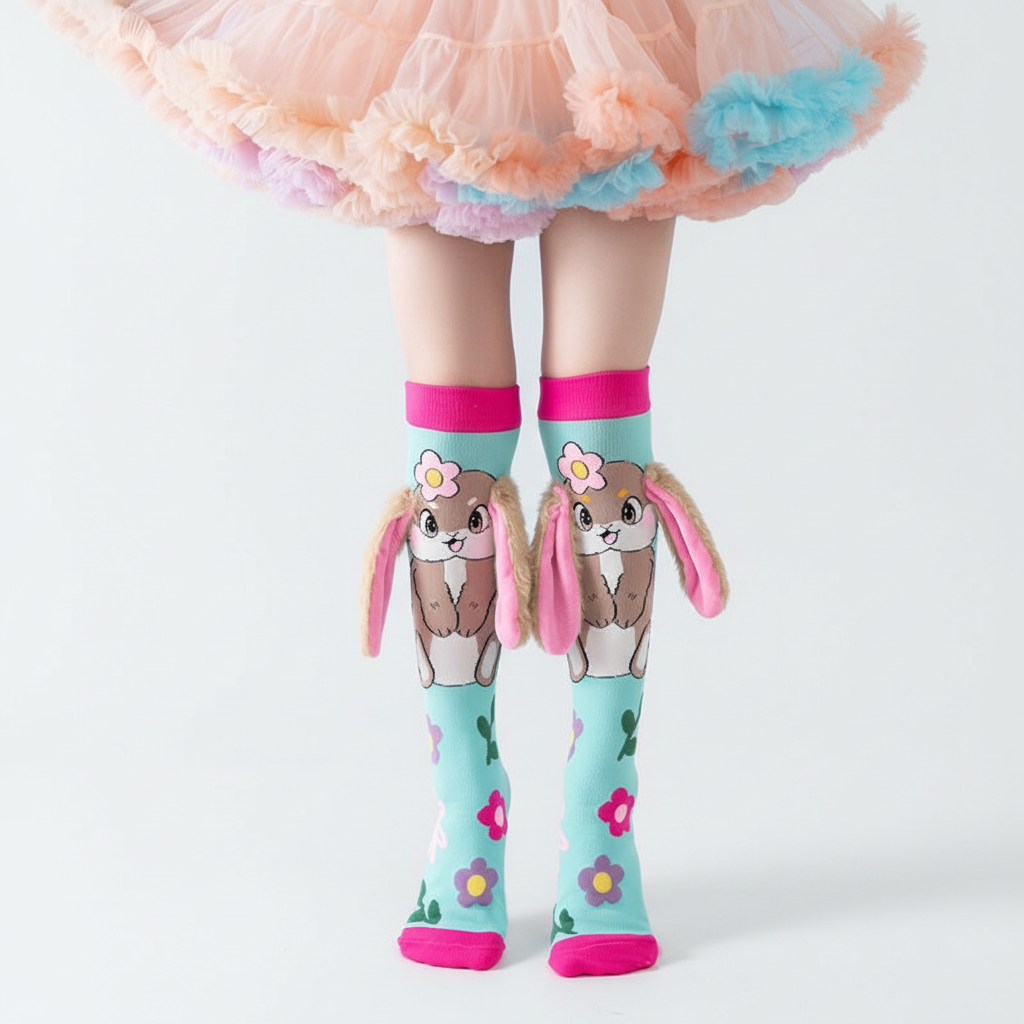 Girl standing on white background wearing bunny knee-high socks