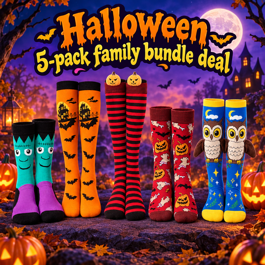 Five Halloween socks bundled deal: bat, pumpkin, Frankenstein, red spooky and kids' owl knee-high socks