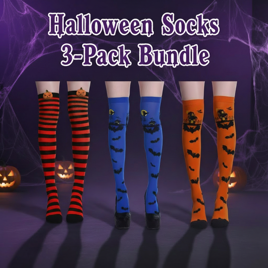 Halloween Socks 3-Pack Bundle featuring three unique knee-high halloween sock designs