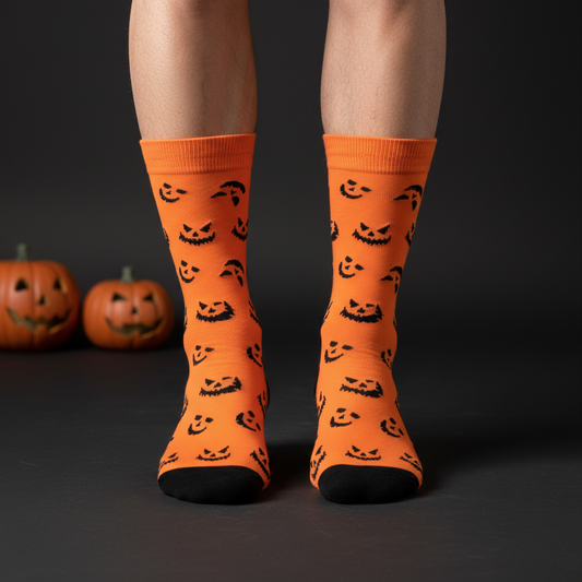 Orange crew socks covered in black jack-o'-lantern faces