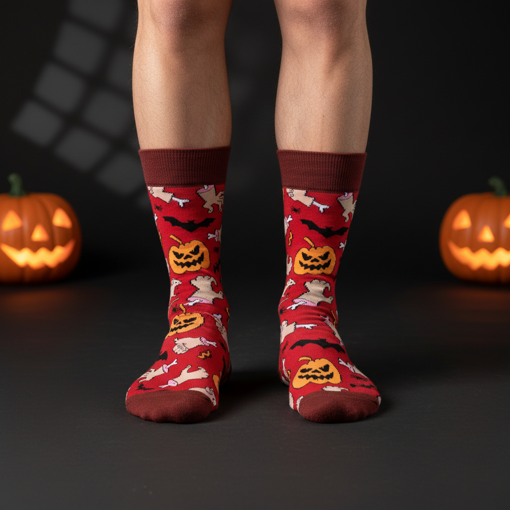 Red crew socks with pumpkins, bats, spiders and bones