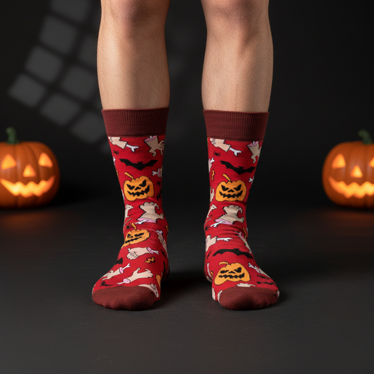 Red crew socks with pumpkins, bats, spiders and bones