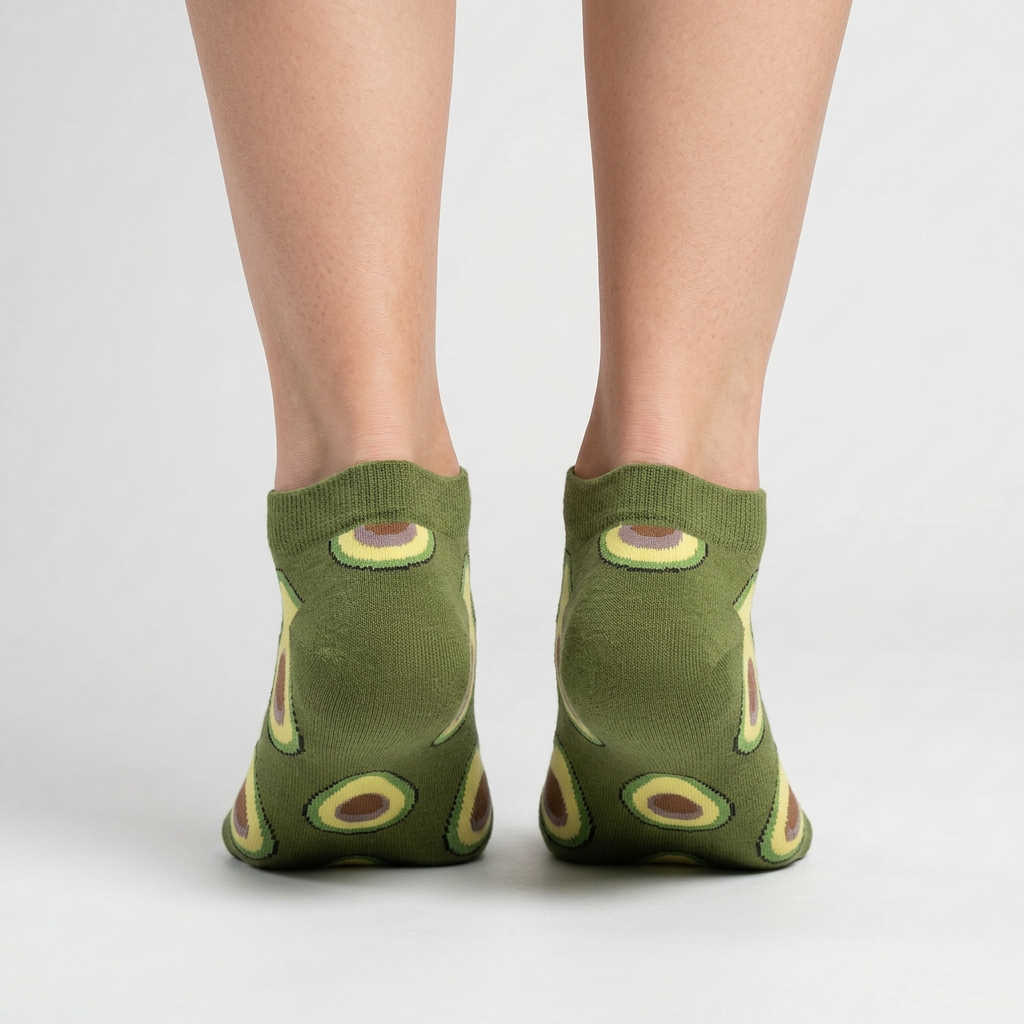 Back view of olive green avocado ankle socks showing the heel