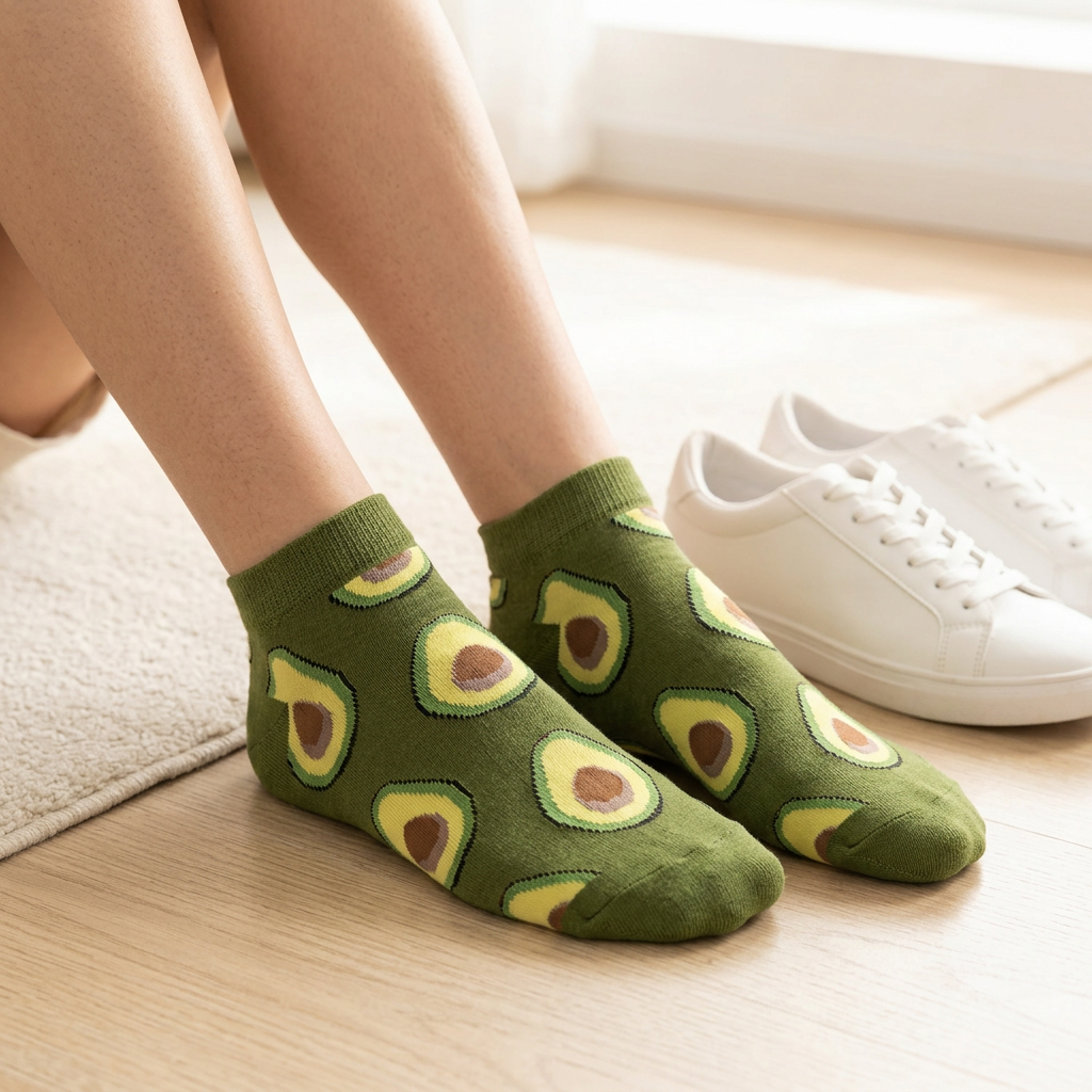Avocado novelty ankle socks worn seated on a wooden floor beside white sneakers
