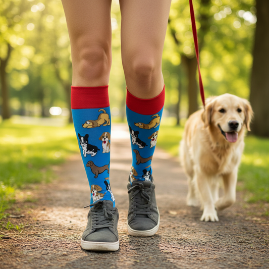 Lifestyle photo of dog socks in park setting