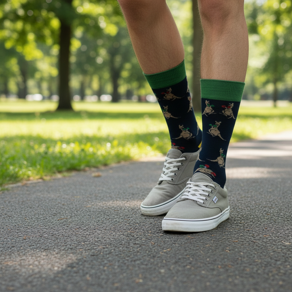 Lifestyle photo of man wearing boxing kangaroo socks walking in park