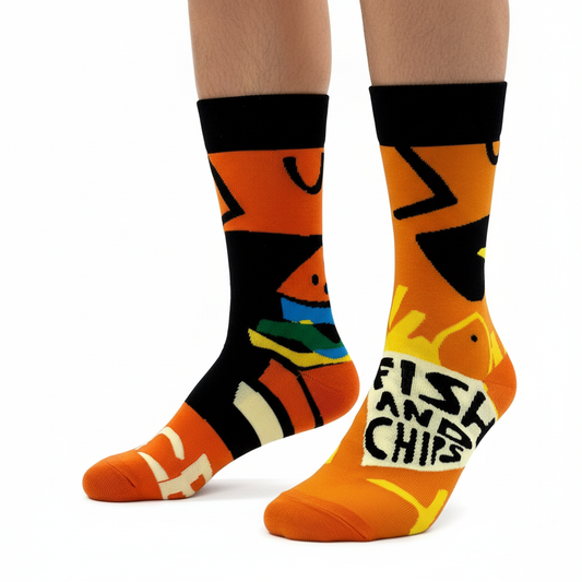 Male model feet wearing fish and chips socks