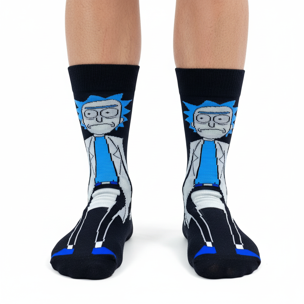 Male model feet wearing Rick and Morty socks with black toe tips