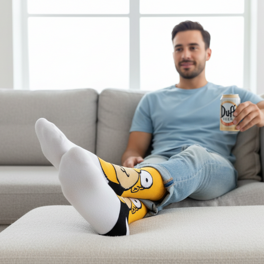 Male model on couch with Duff beer wearing Homer Simpson socks