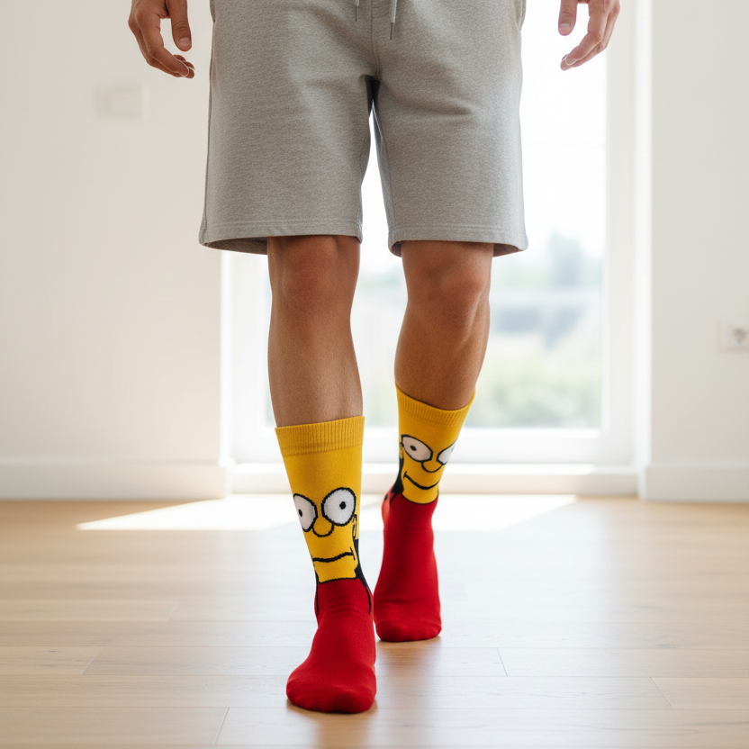 Male model walking with focus on feet wearing Bart Simpson socks