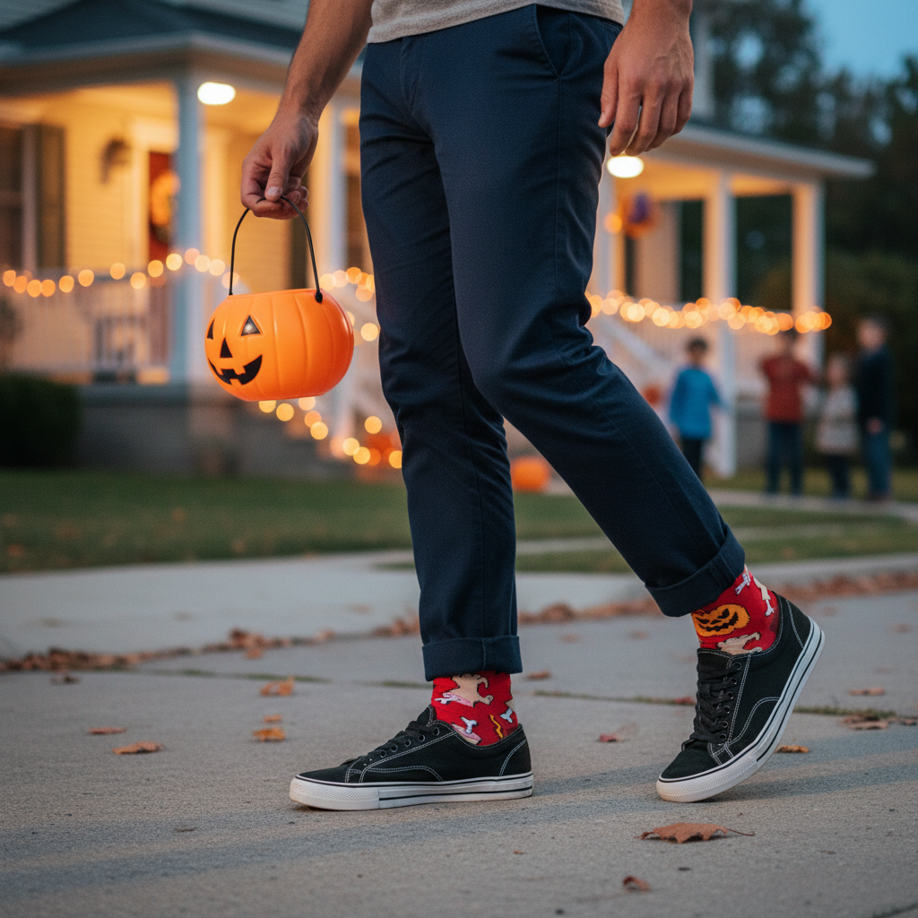 Male model wearing red Halloween socks while trick-or-treating