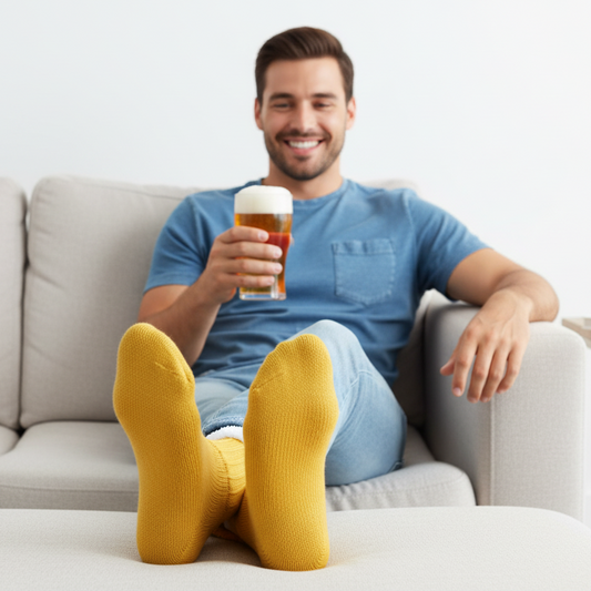 Male model with beer relaxing on couch wearing Beer Mug Socks