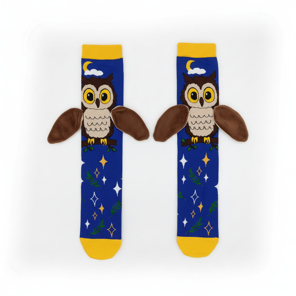 Owl socks flat lay on pure white studio background