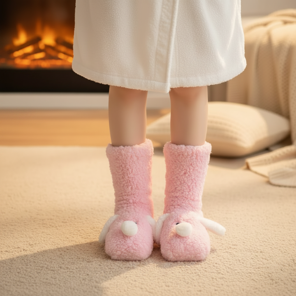 Pink color doggy themed fluffy winter novelty socks