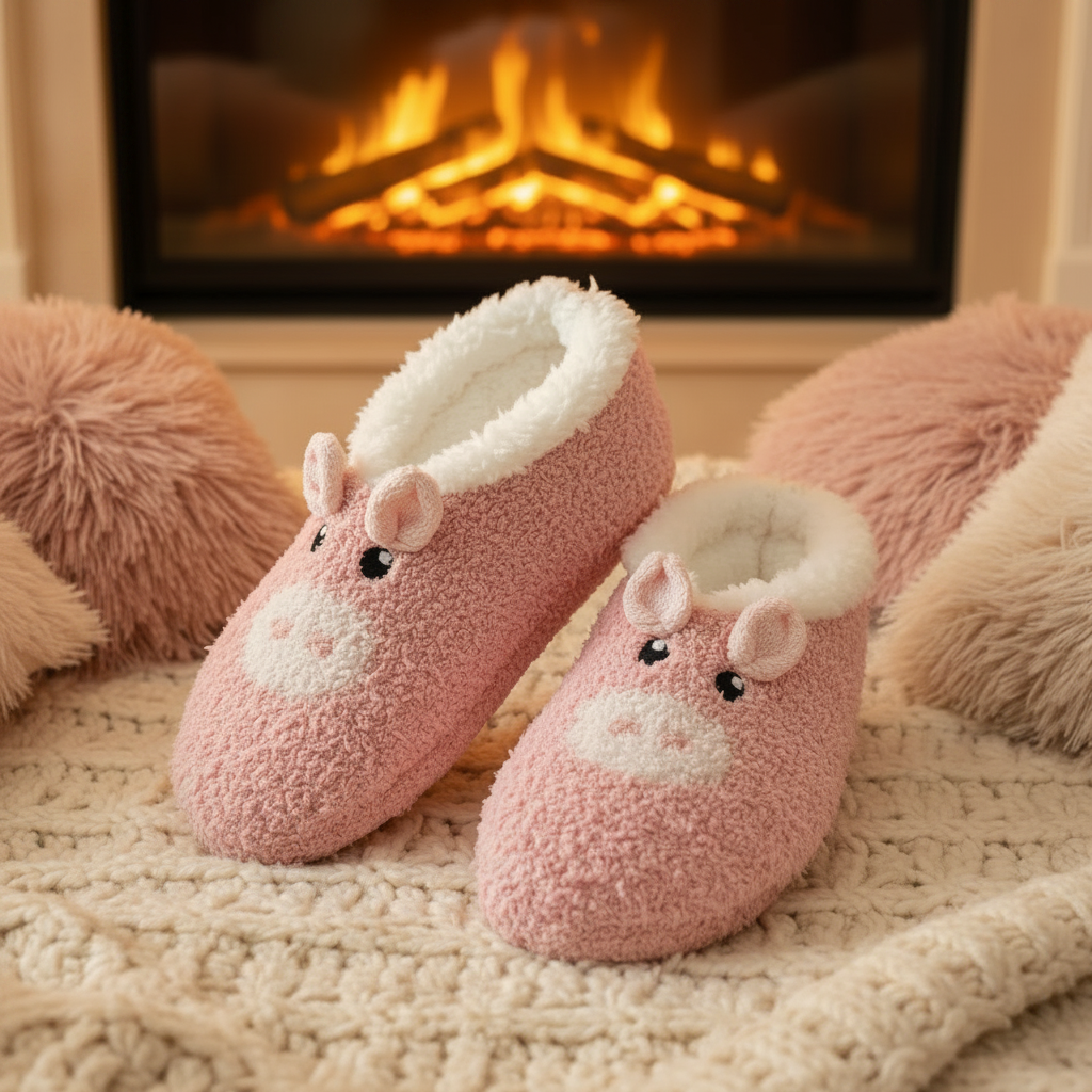 Pink Piglet Slipper Socks Fireplace Reference Match
