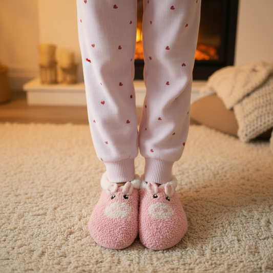 Pink Piglet Slipper Socks Standing Pose Cosy Studio