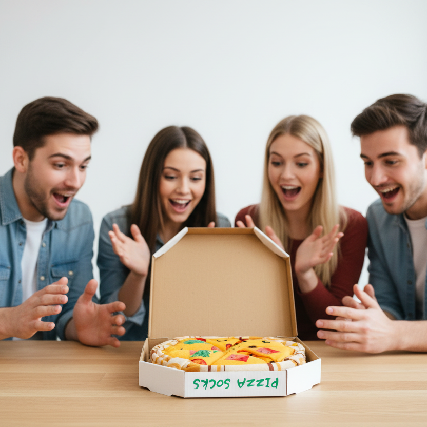 Pizza socks box on table with surprised people