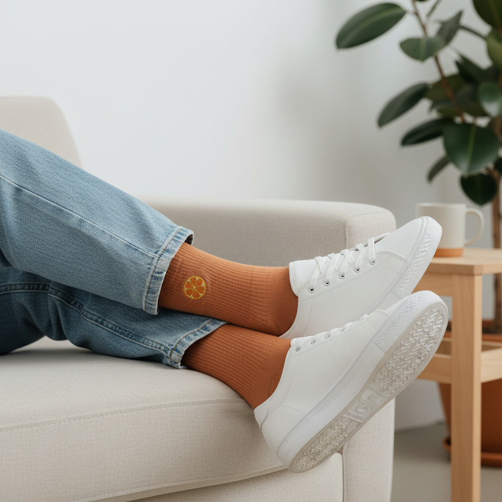 Professional lifestyle image of male model wearing terracotta citrus socks