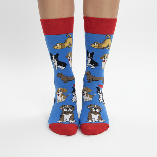 Professional product photo of dog-patterned socks