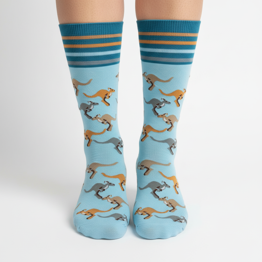 Professional product photo of kangaroo-patterned socks