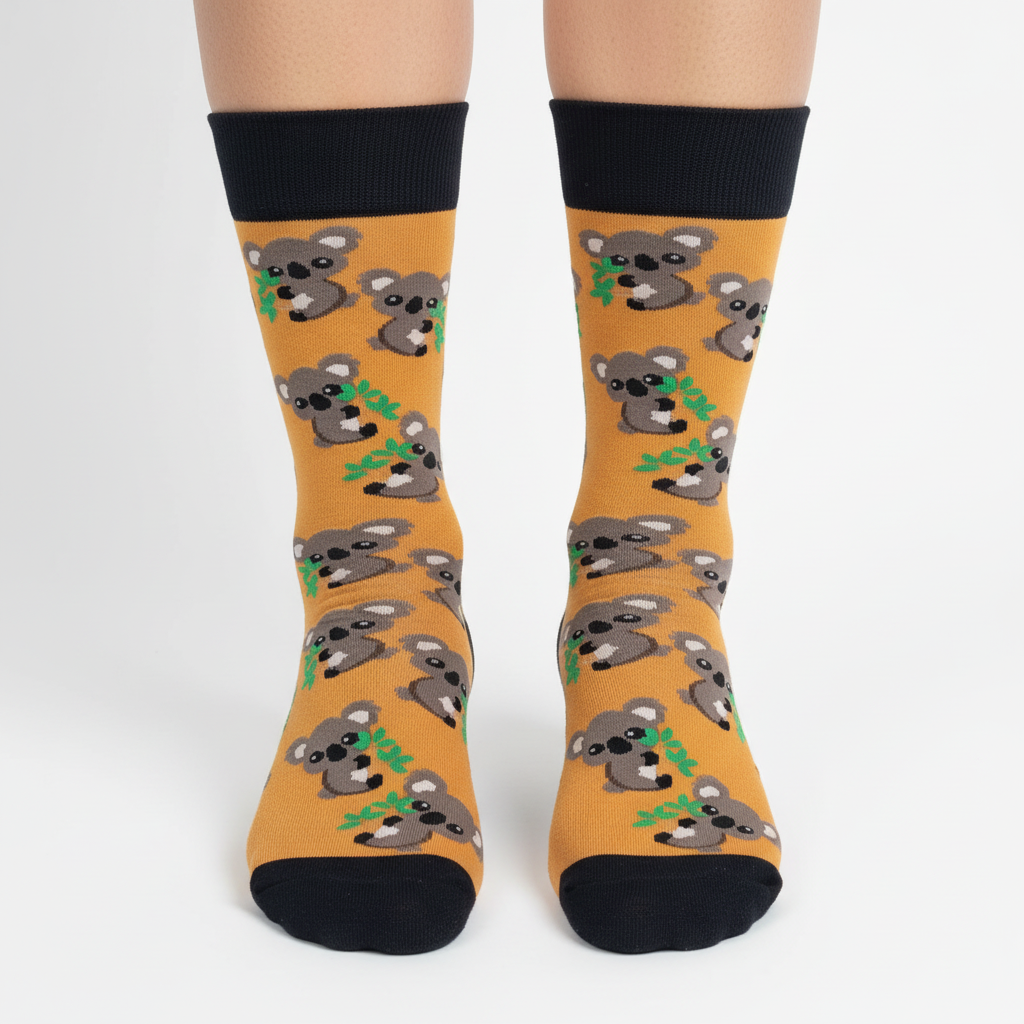 Professional product photo of koala-patterned socks