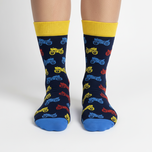 Professional product photo of motorcycle-patterned socks