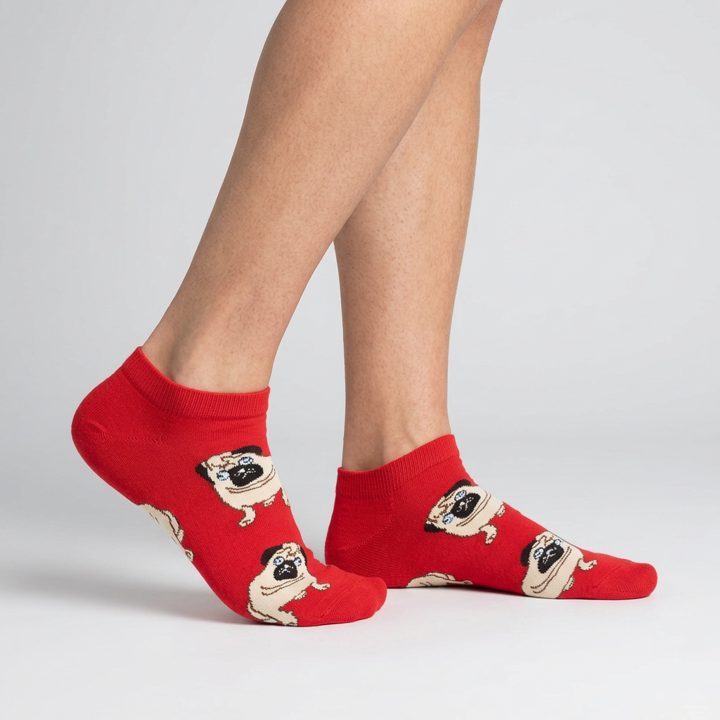 Side view of red pug ankle socks worn mid-step, funny dog print low cut socks