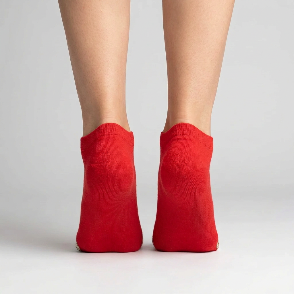 Back view of bright red pug print ankle socks showing the plain red heel