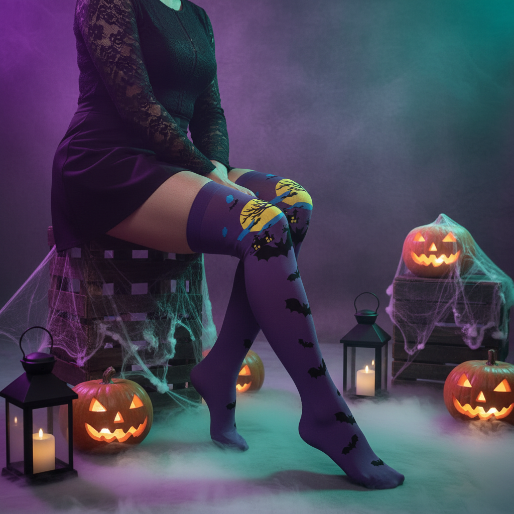 Purple knee-high Halloween socks with moon, haunted mansion and bats