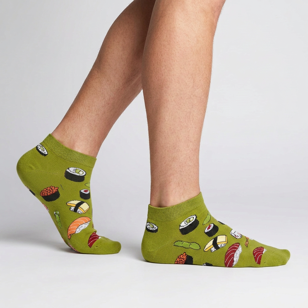 Side view of sushi ankle socks worn mid-step, olive green low cut novelty socks