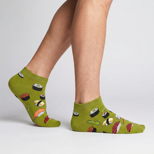 Side view of sushi ankle socks worn mid-step, olive green low cut novelty socks