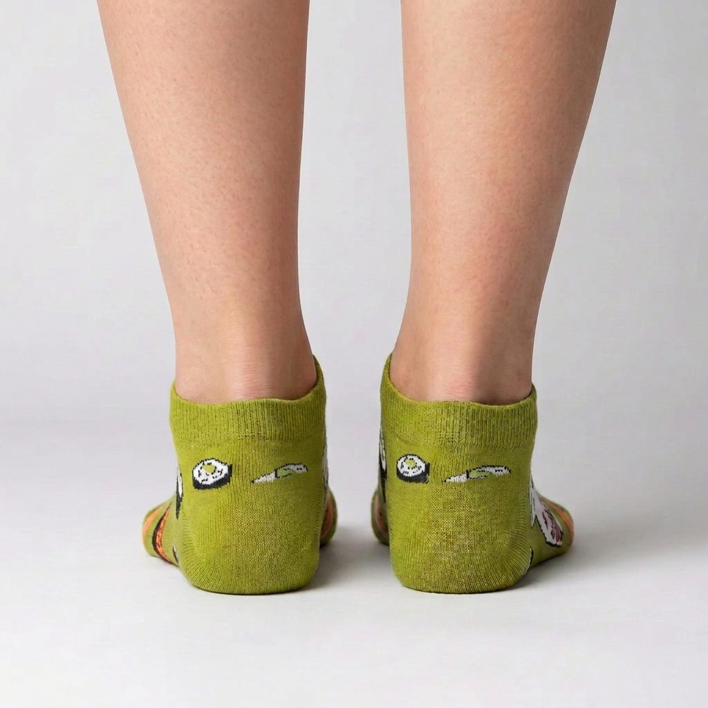 Back view of olive green sushi ankle socks showing the plain heel and a small maki roll under the cuff