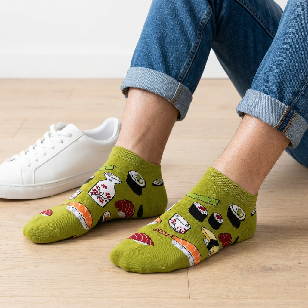 Sushi novelty ankle socks worn with cuffed jeans, seated on a wooden floor beside white sneakers
