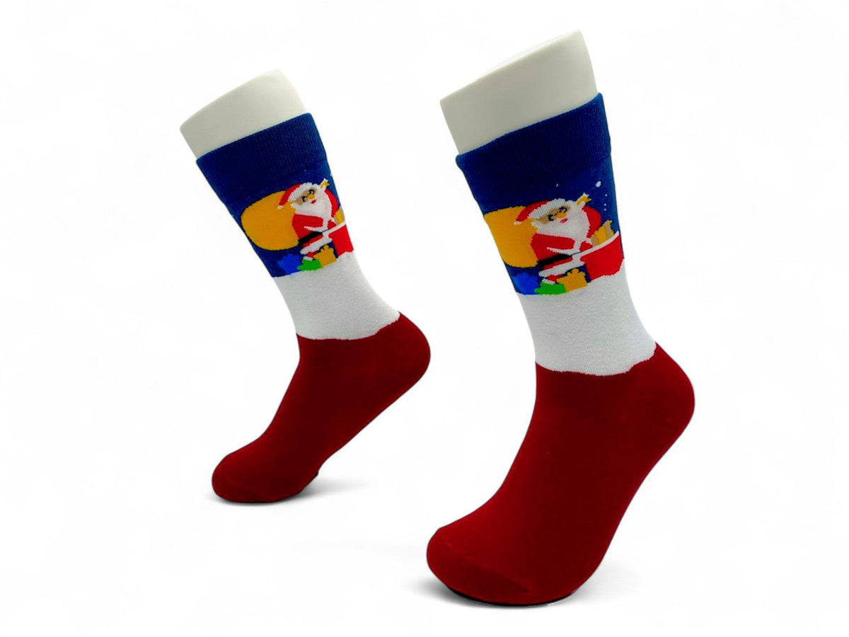 Santa-with-sack Christmas socks with a white band and red foot