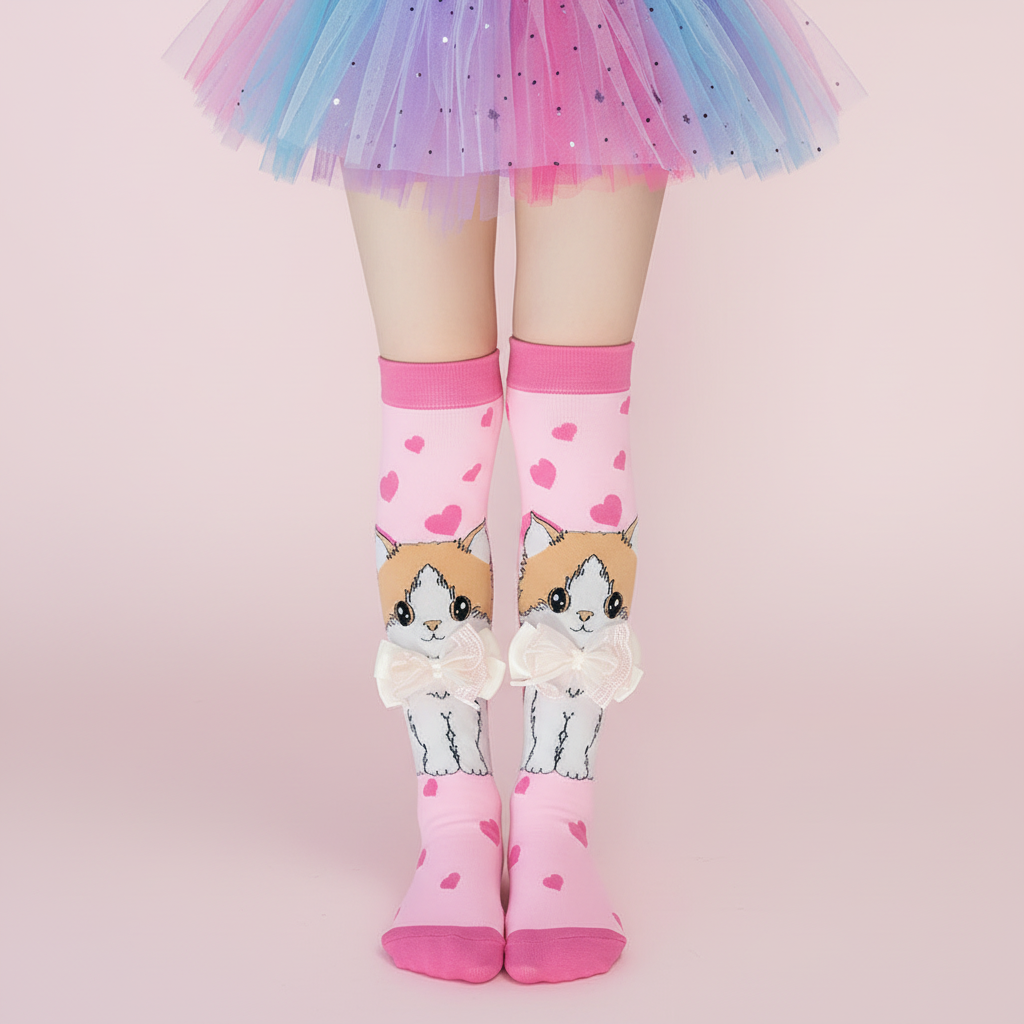 Standing girl wearing pink cat bow knee-high socks studio quality