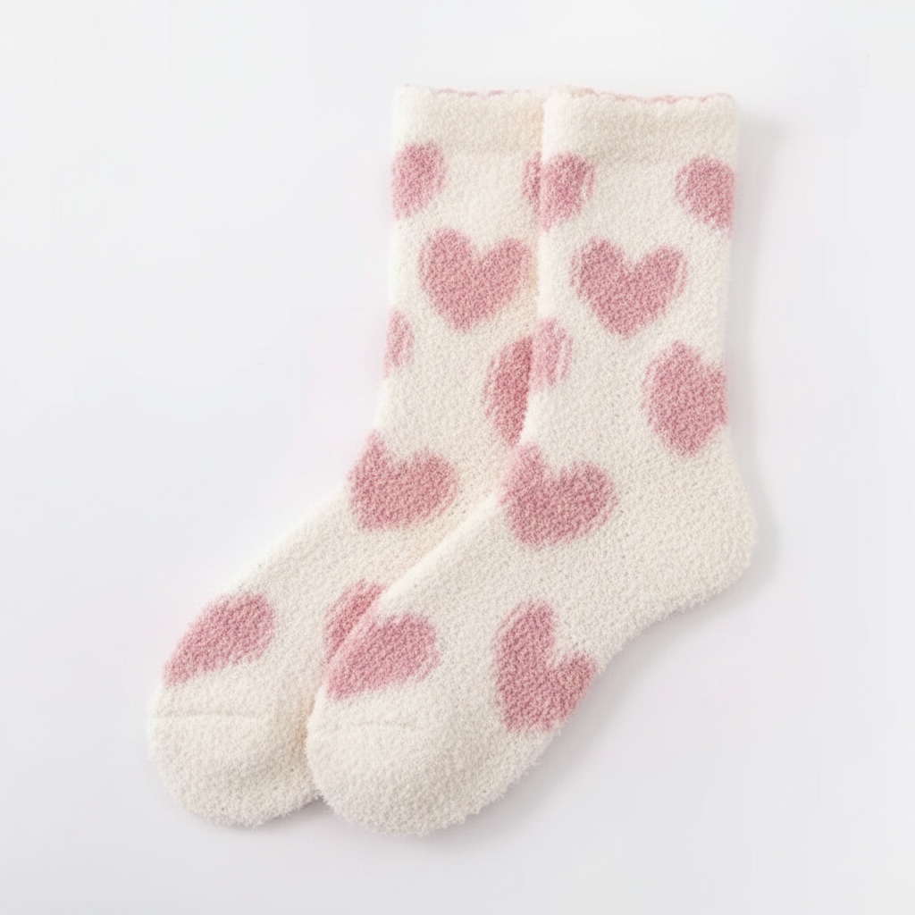 White Winter novelty wool socks with pink heart patterns