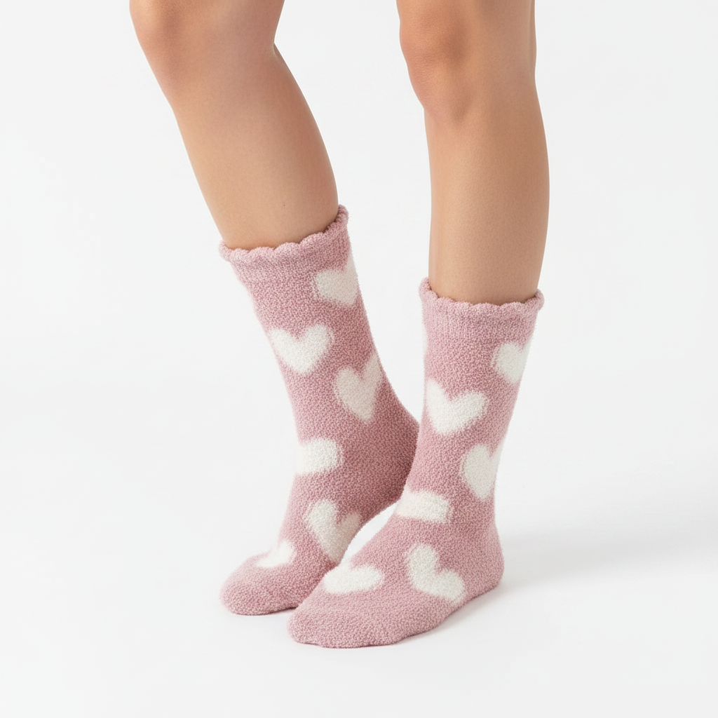 Winter novelty wool socks pink with white heart patterns