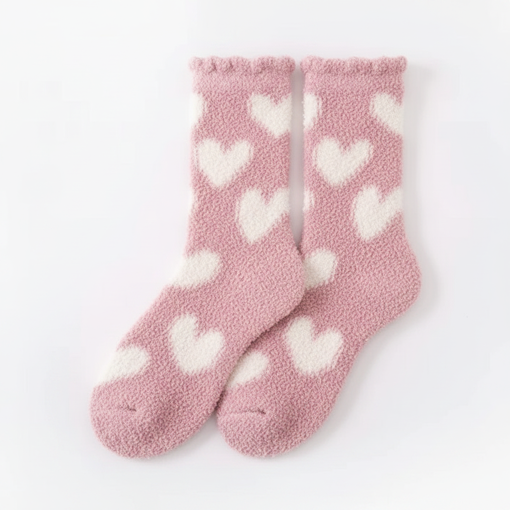 Pink Winter novelty wool socks with white heart patterns