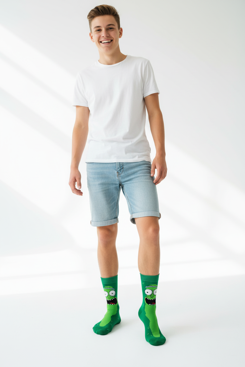 Teenage model standing and smiling wearing Pickle Rick socks