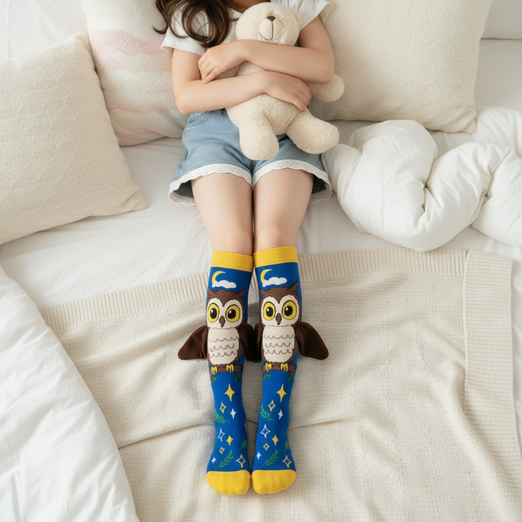 Top-down view of owl socks with royal blue toes and soles