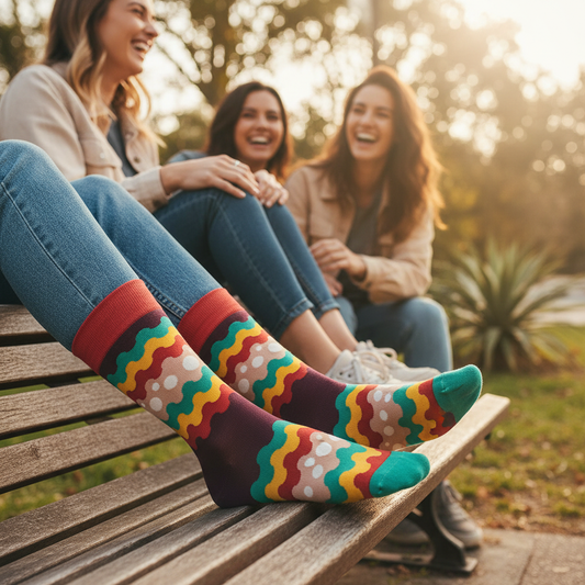 Woman on bench with friends laughing, wearing wavy-striped socks